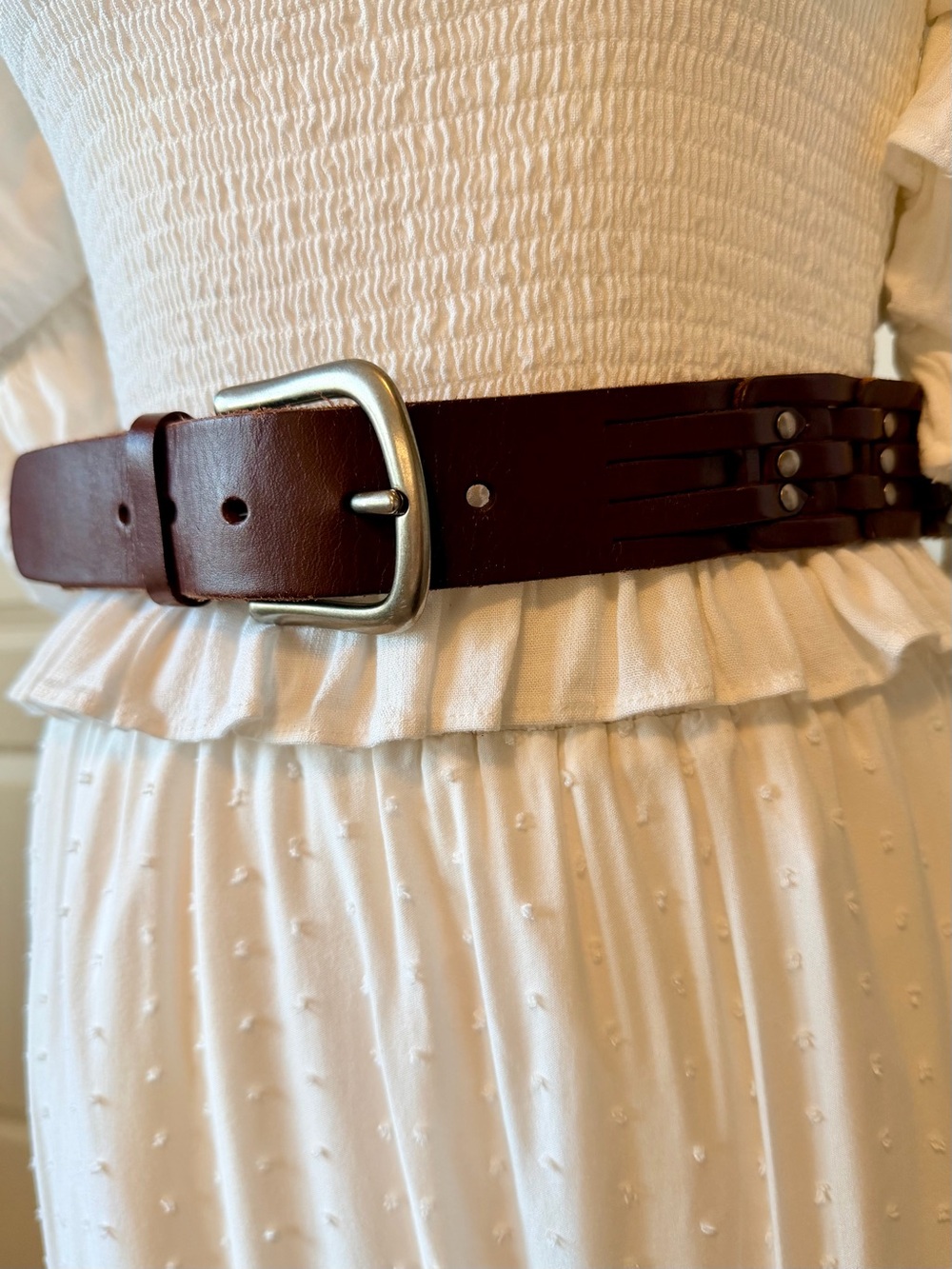 Women's Brown Leather Waist Belt with Silver Buckle